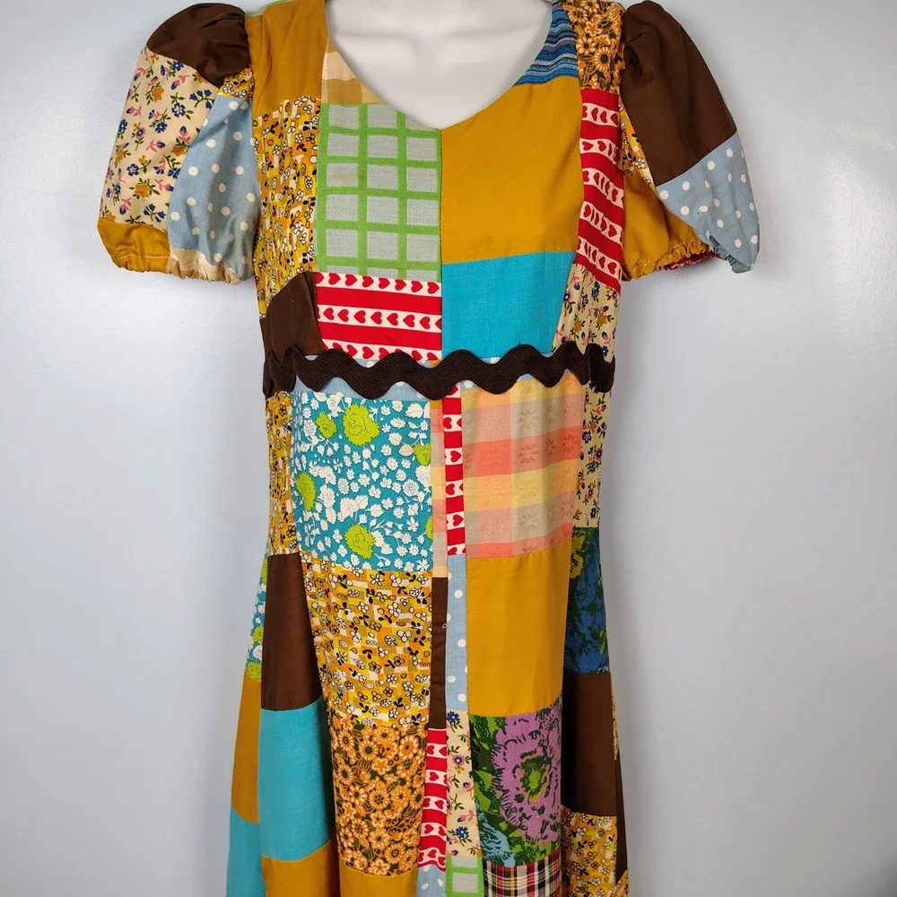 Vintage Handmade Patchwork Maxi Dress Multi Color Floral Gingham Rickrack Trim